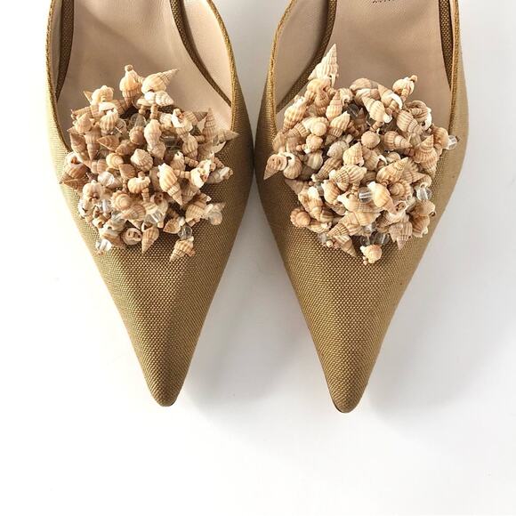 NEW Vintage Manolo Blahnik Shell Embellished Pointed Toe Kitten Heel Mules 40 - Picture 3 of 6